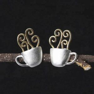 Handmade S925 Sterling Silver Hot Stud Dainty Coffee Earrings